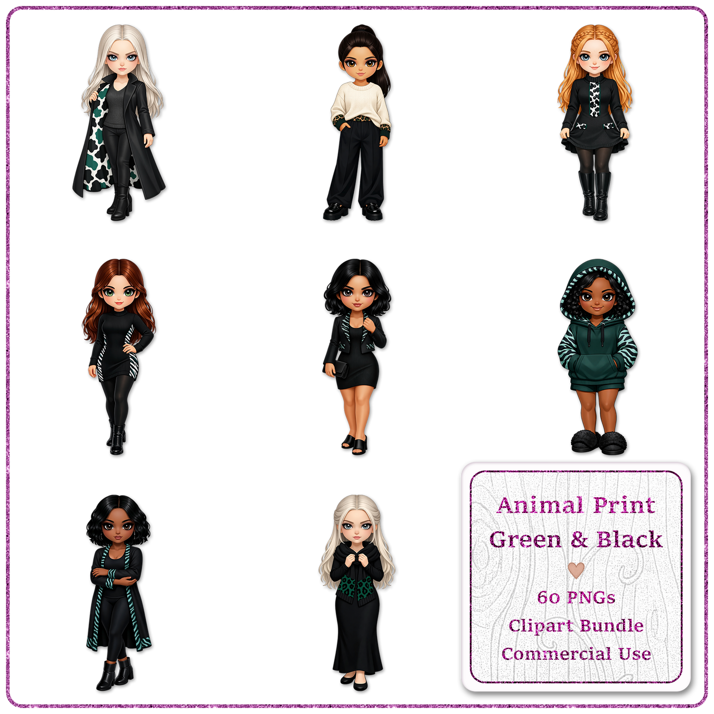 Animal Print Green & Black Clipart Bundle 60 PNGs