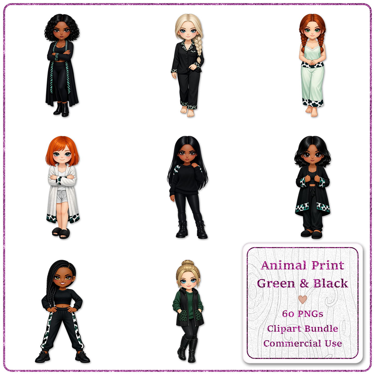 Animal Print Green & Black Clipart Bundle 60 PNGs