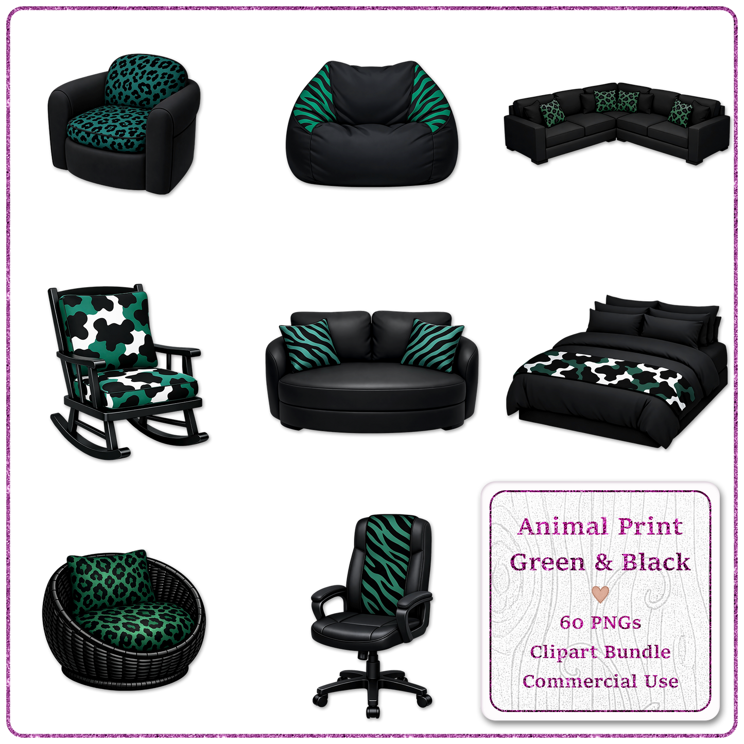 Animal Print Green & Black Clipart Bundle 60 PNGs