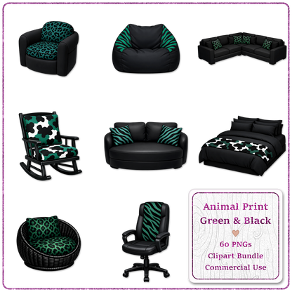 Animal Print Green & Black Clipart Bundle 60 PNGs