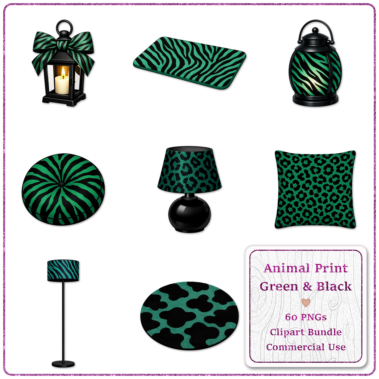 Animal Print Green & Black Clipart Bundle 60 PNGs