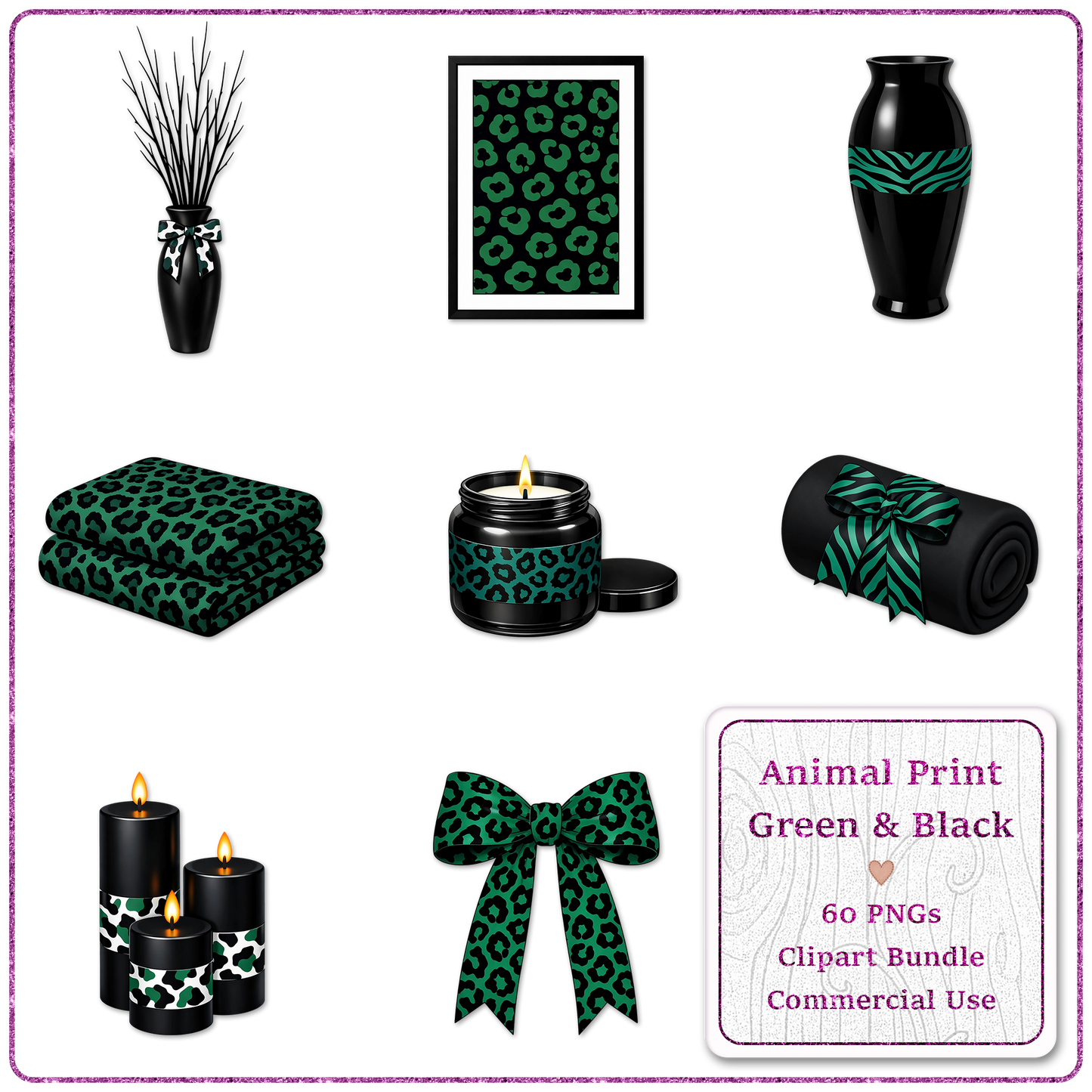 Animal Print Green & Black Clipart Bundle 60 PNGs