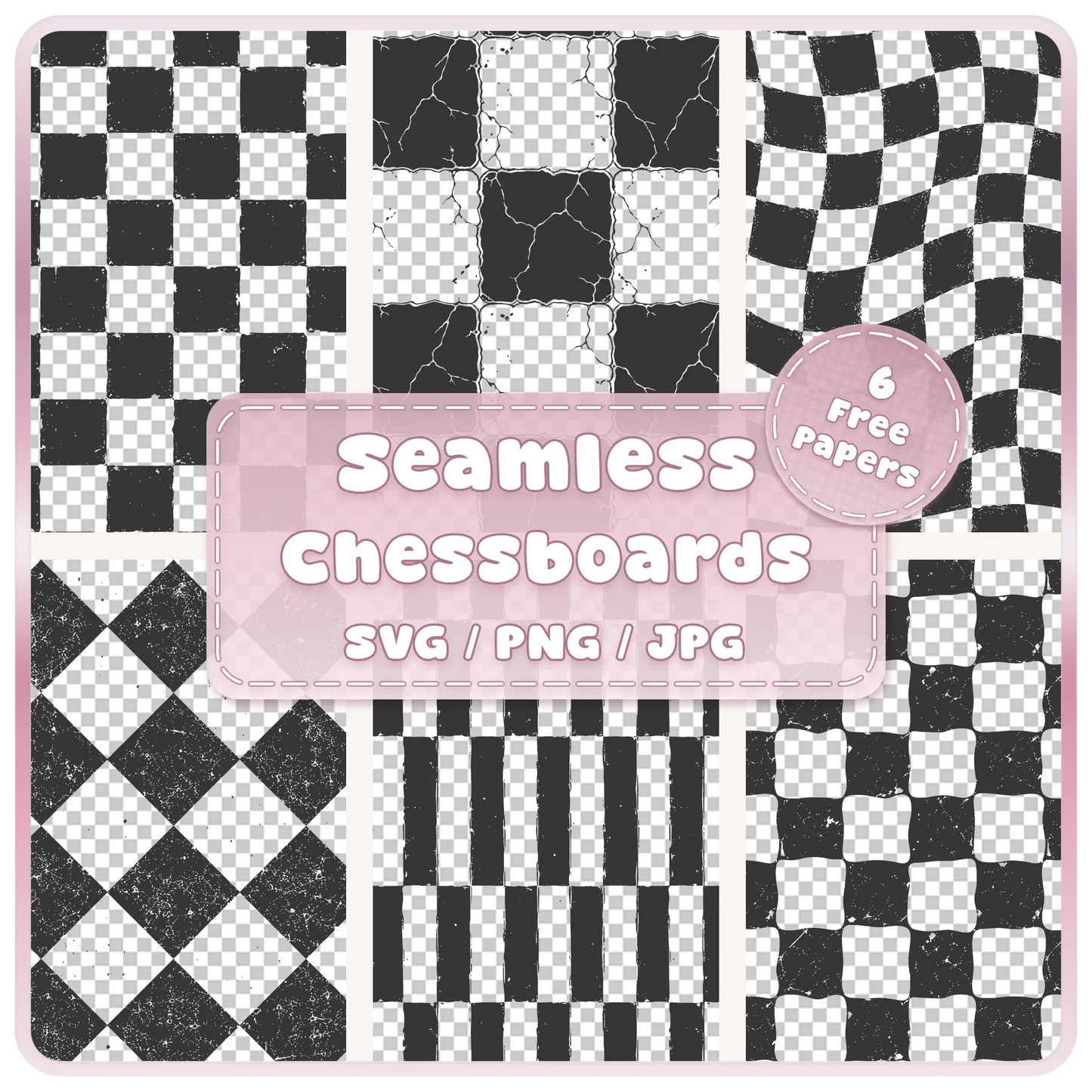 Grunge chessboard seamless patterns SVG PNG and JPG bundle featuring six distressed checkerboard designs including cracked, warped, diamond and elongated checks.