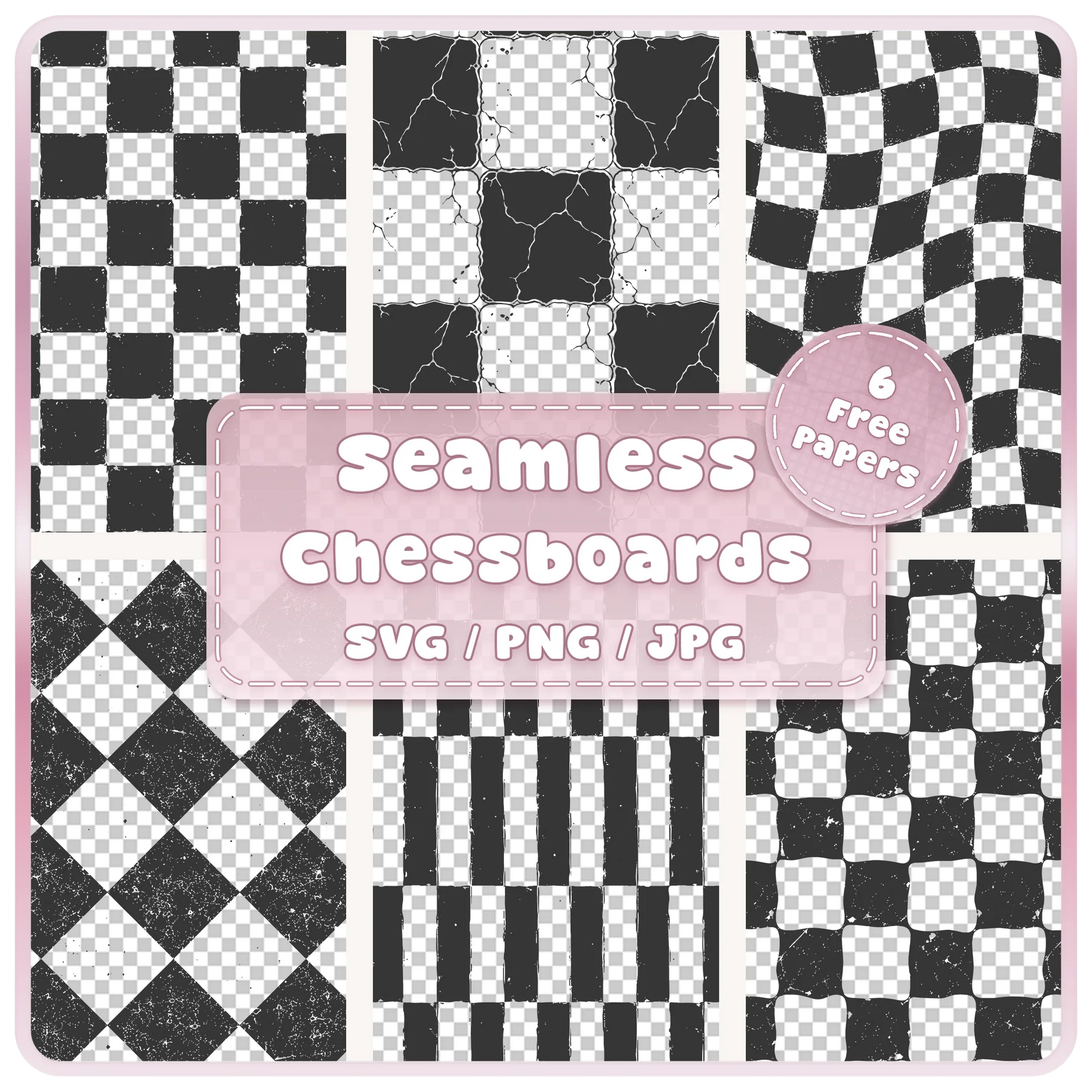 Grunge chessboard seamless patterns SVG PNG and JPG bundle featuring six distressed checkerboard designs including cracked, warped, diamond and elongated checks.