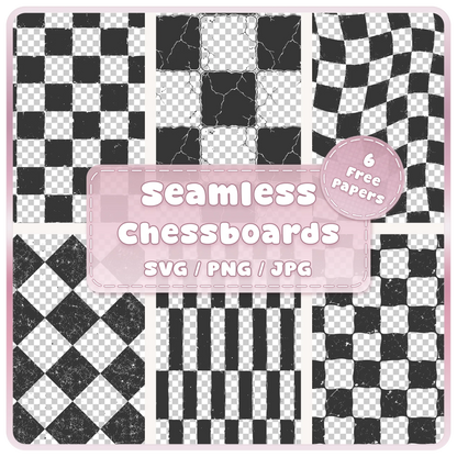 Grunge chessboard seamless patterns SVG PNG and JPG bundle featuring six distressed checkerboard designs including cracked, warped, diamond and elongated checks.