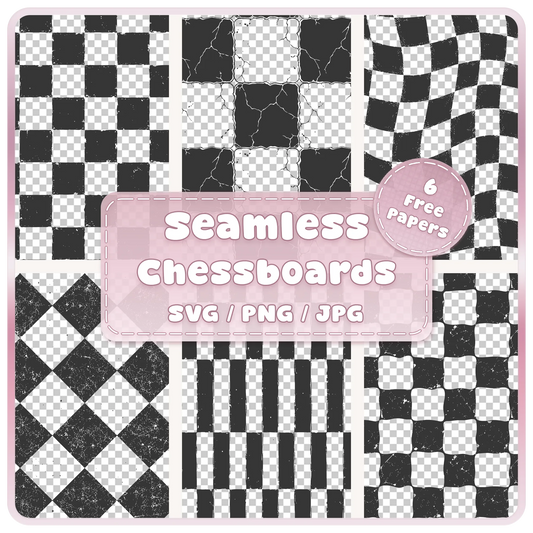 Grunge chessboard seamless patterns SVG PNG and JPG bundle featuring six distressed checkerboard designs including cracked, warped, diamond and elongated checks.