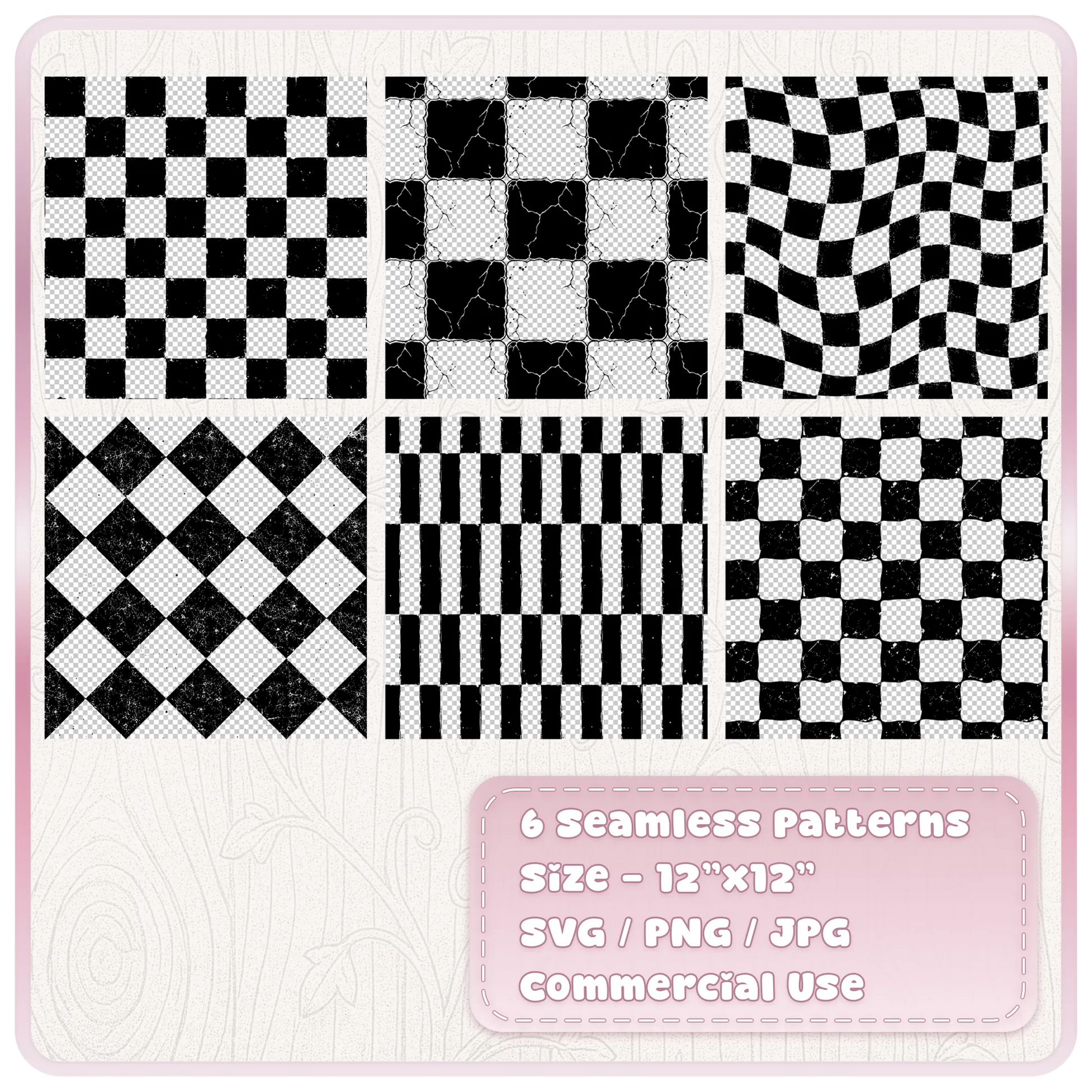 Six distressed chessboard seamless patterns with classic checkerboard, cracked tiles, warped checks, diamond checks, elongated squares and irregular grunge designs.