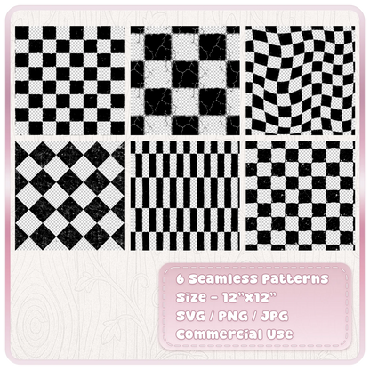 Six distressed chessboard seamless patterns with classic checkerboard, cracked tiles, warped checks, diamond checks, elongated squares and irregular grunge designs.