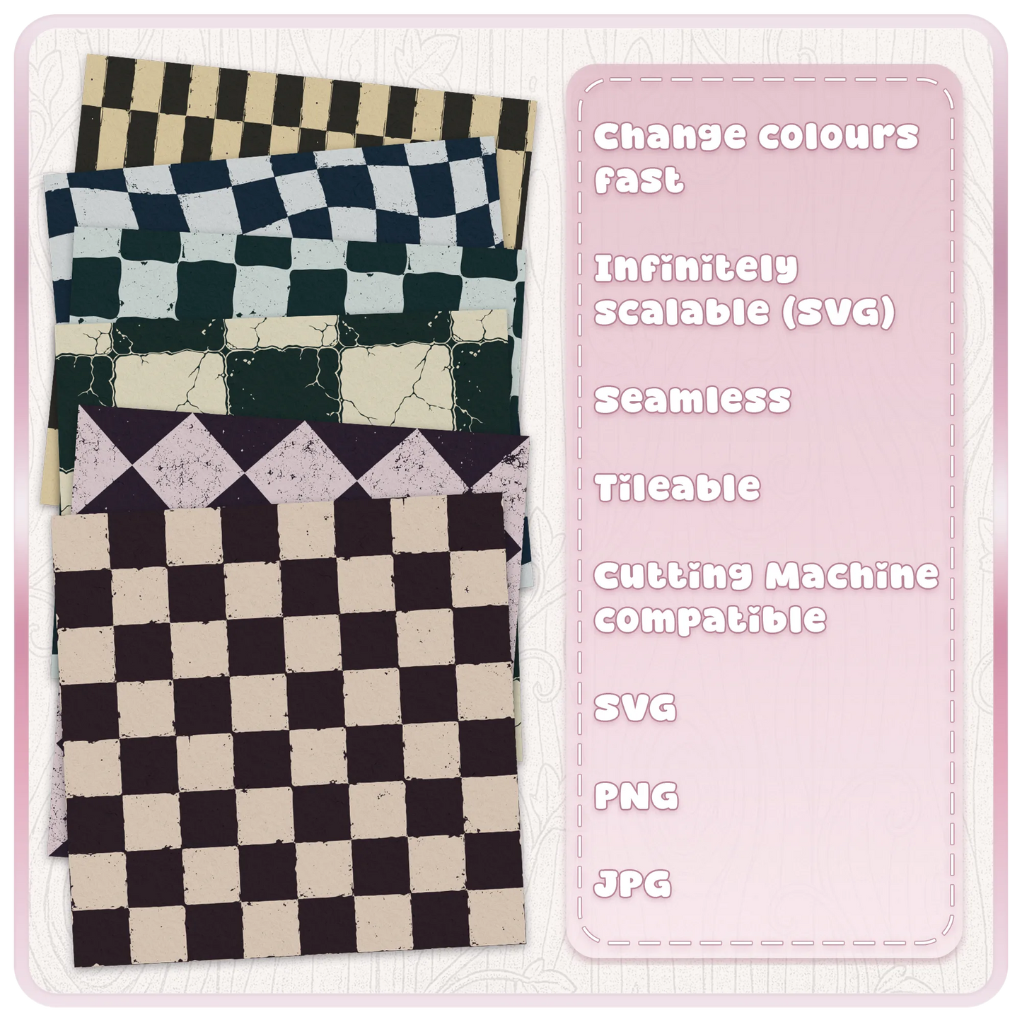 Grunge checkerboard seamless pattern colour examples showing vintage black, cream, blue, green and plum distressed chessboard digital papers.