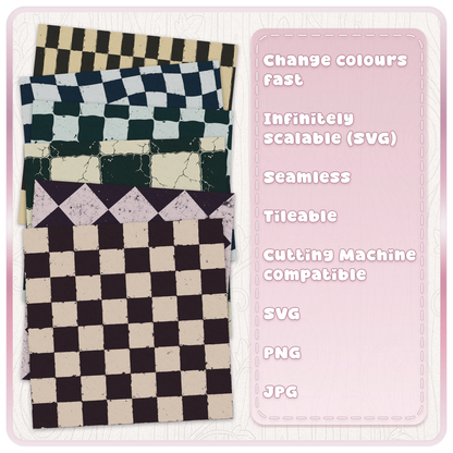 Grunge checkerboard seamless pattern colour examples showing vintage black, cream, blue, green and plum distressed chessboard digital papers.