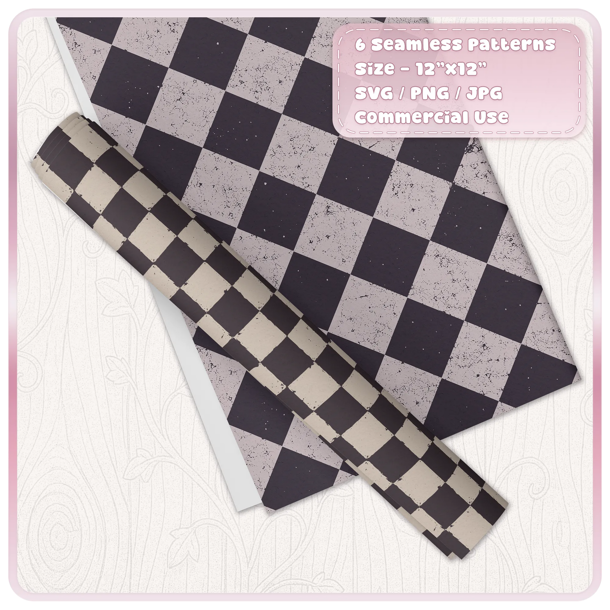 Distressed grunge chessboard seamless pattern displayed as digital paper and rolled wrapping paper with black and muted vintage checkerboard design.