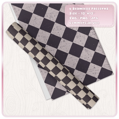 Distressed grunge chessboard seamless pattern displayed as digital paper and rolled wrapping paper with black and muted vintage checkerboard design.
