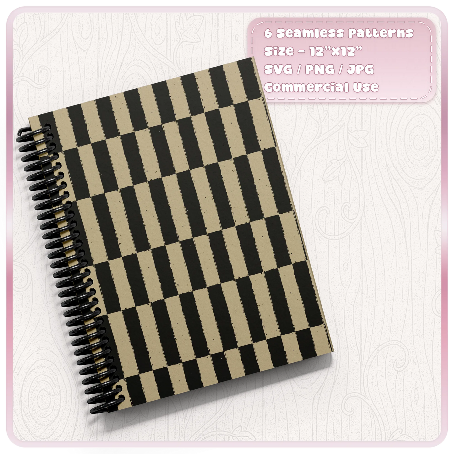 Grunge elongated checkerboard seamless pattern shown on a spiral notebook cover in distressed black and antique cream colours.