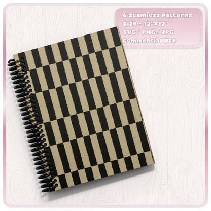 Grunge elongated checkerboard seamless pattern shown on a spiral notebook cover in distressed black and antique cream colours.