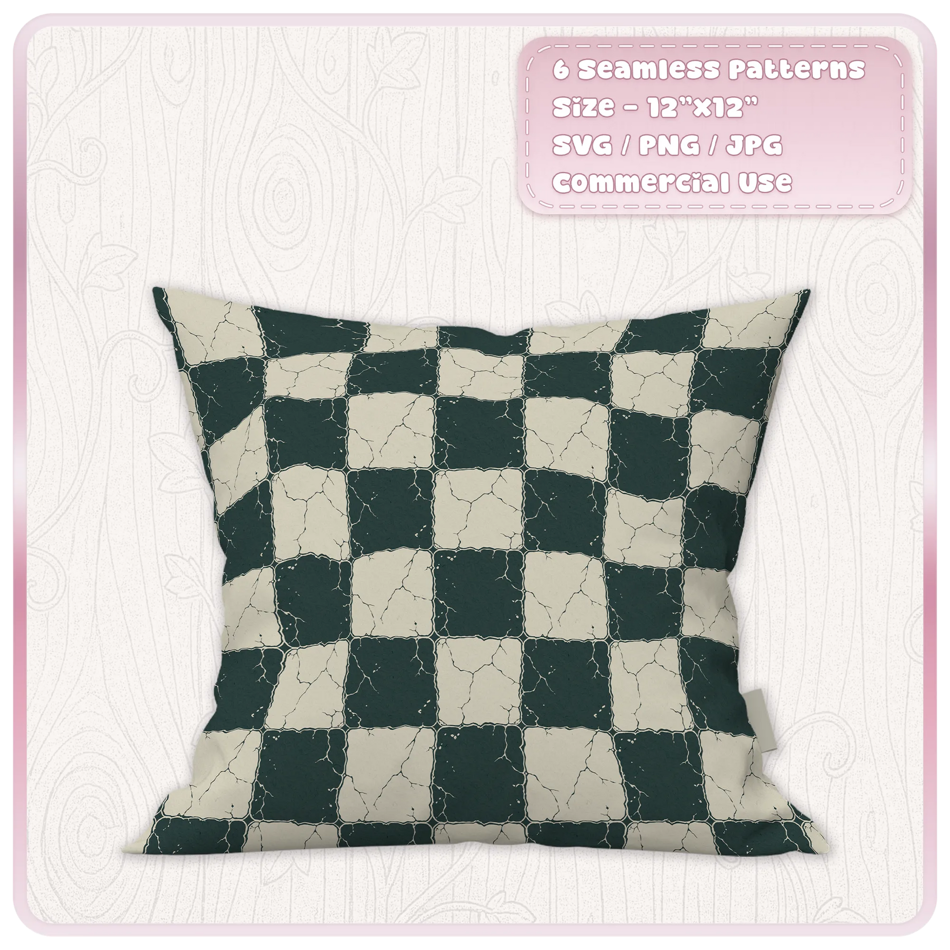 Cracked grunge chessboard seamless pattern shown on a decorative cushion with dark green and aged cream distressed checkerboard tiles.