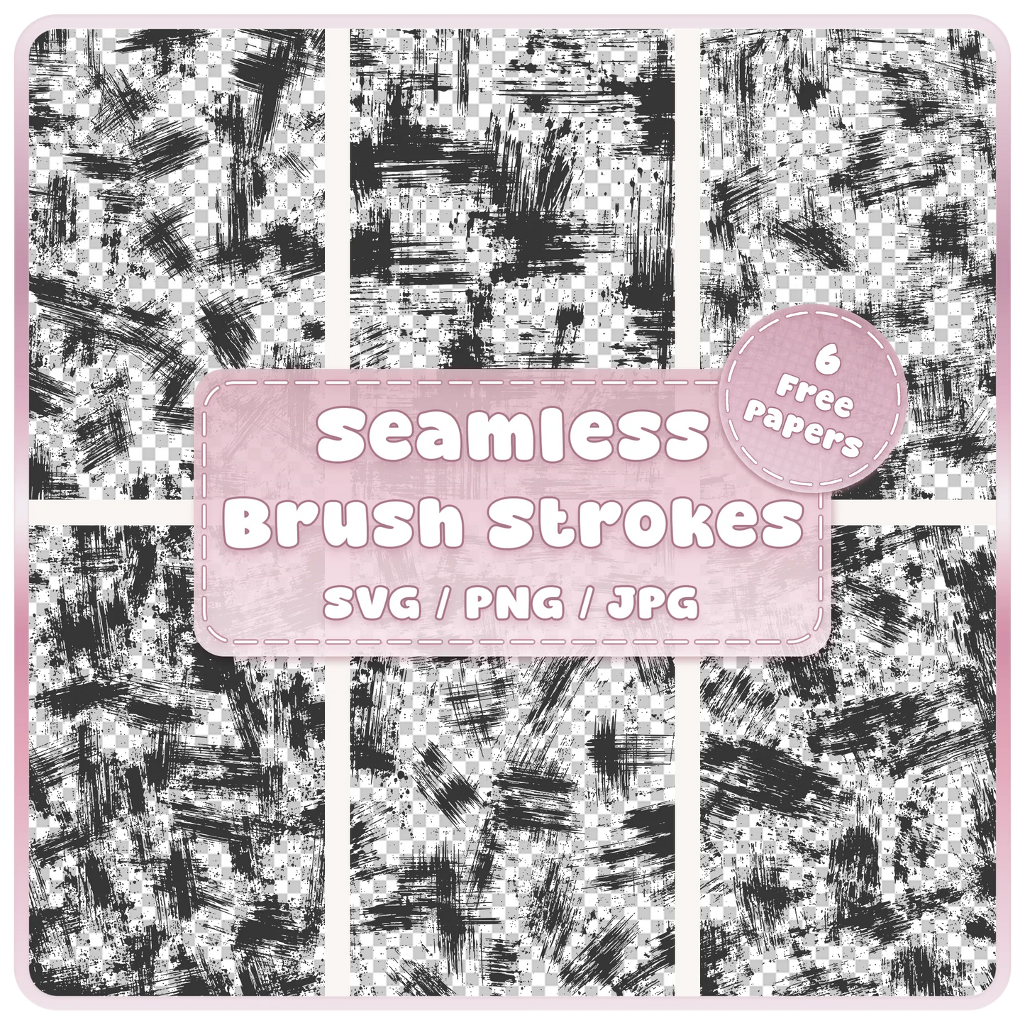 Six grunge paint brush stroke seamless pattern overlays in black with distressed texture, available as SVG, PNG and JPG digital downloads.