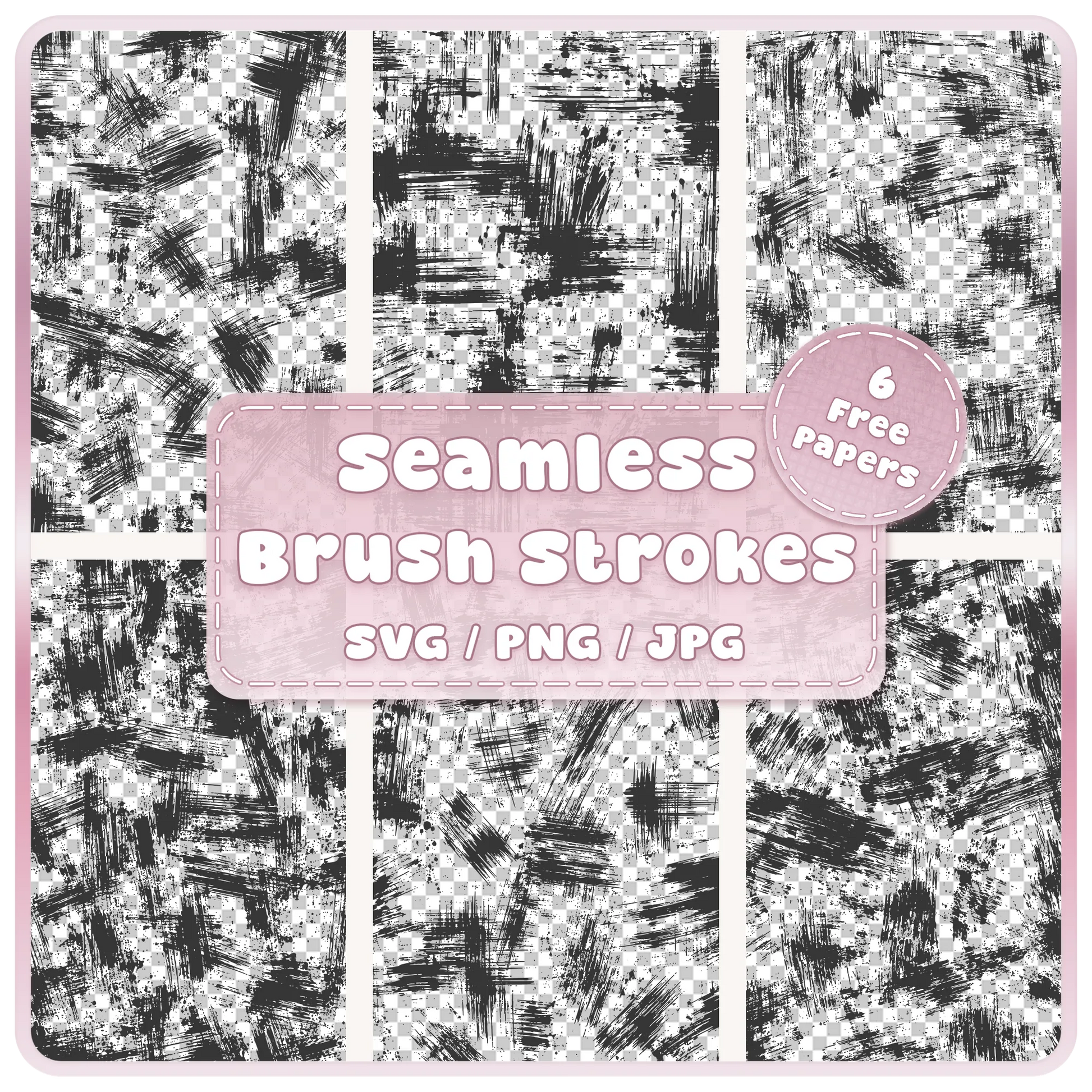 Six grunge paint brush stroke seamless pattern overlays in black with distressed texture, available as SVG, PNG and JPG digital downloads.