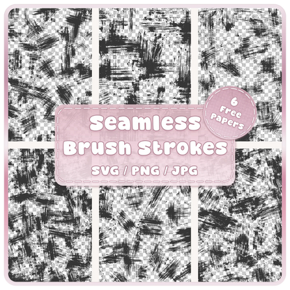 Six grunge paint brush stroke seamless pattern overlays in black with distressed texture, available as SVG, PNG and JPG digital downloads.