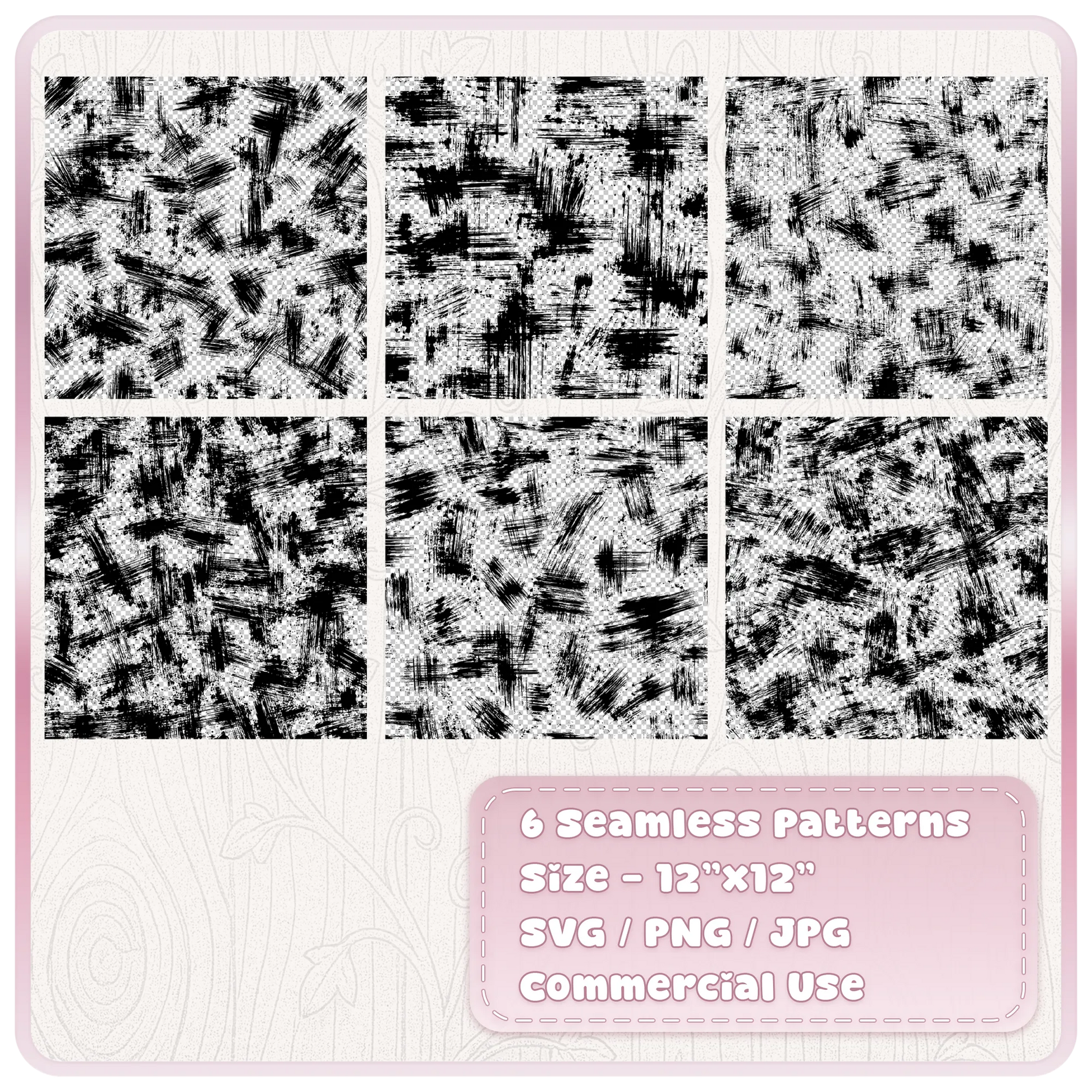 Preview of six seamless grunge brush stroke patterns featuring distressed paint marks and transparent backgrounds in SVG, PNG and JPG formats.