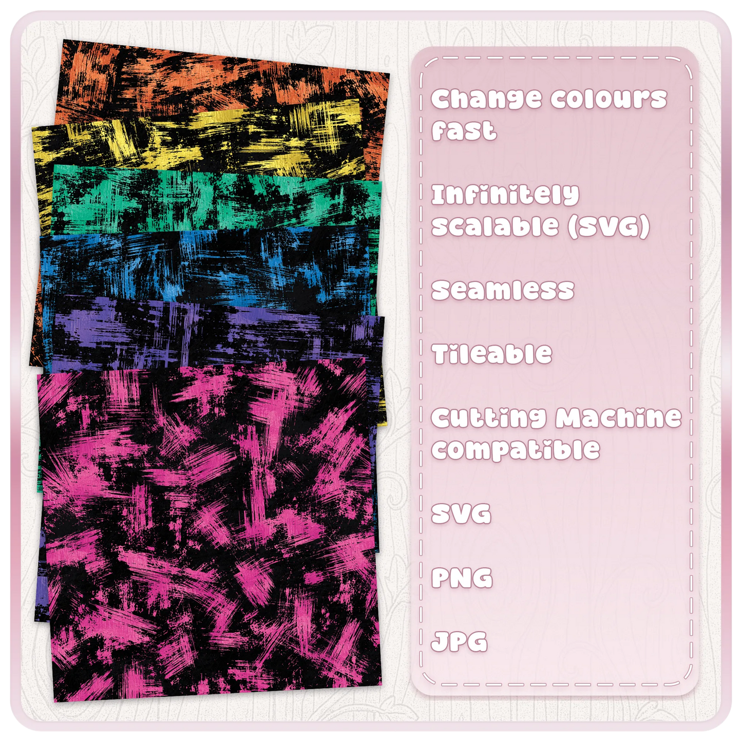 Colour examples of six grunge paint brush stroke seamless patterns in orange, yellow, teal, blue, purple and pink with editable SVG designs.
