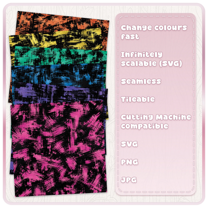 Colour examples of six grunge paint brush stroke seamless patterns in orange, yellow, teal, blue, purple and pink with editable SVG designs.