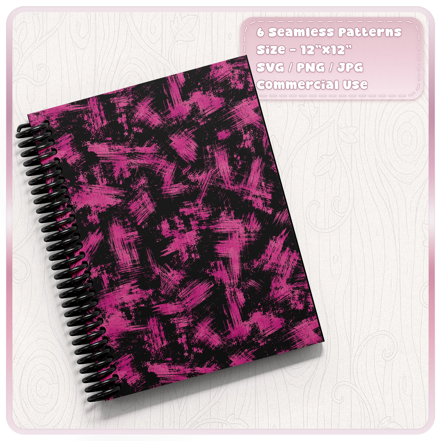 Pink and black grunge paint brush stroke seamless pattern shown on a spiral notebook mockup, available in SVG, PNG and JPG formats.