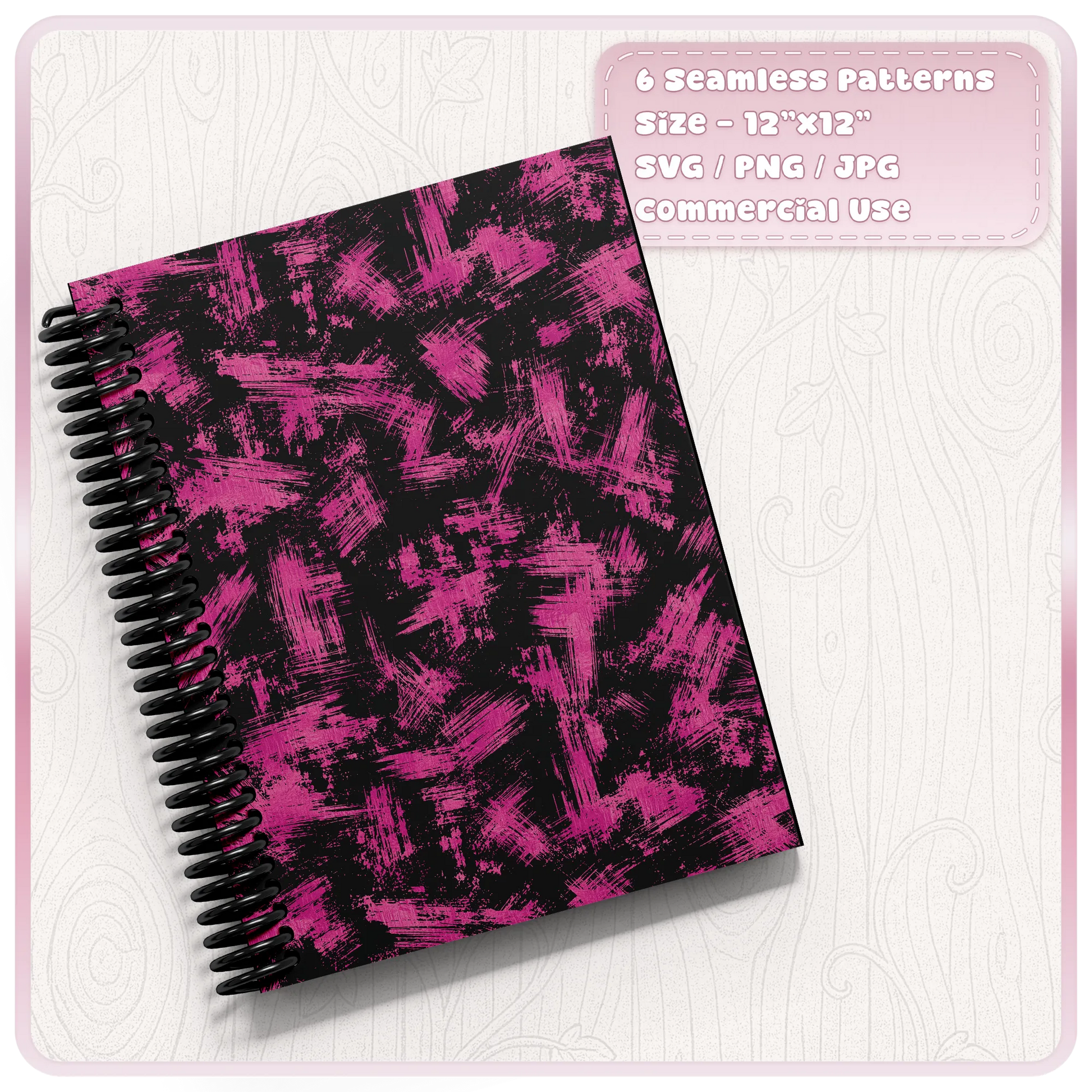 Pink and black grunge paint brush stroke seamless pattern shown on a spiral notebook mockup, available in SVG, PNG and JPG formats.