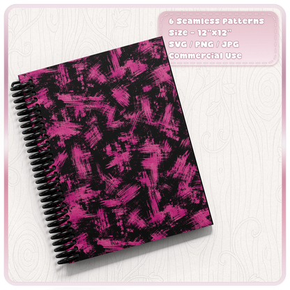 Pink and black grunge paint brush stroke seamless pattern shown on a spiral notebook mockup, available in SVG, PNG and JPG formats.