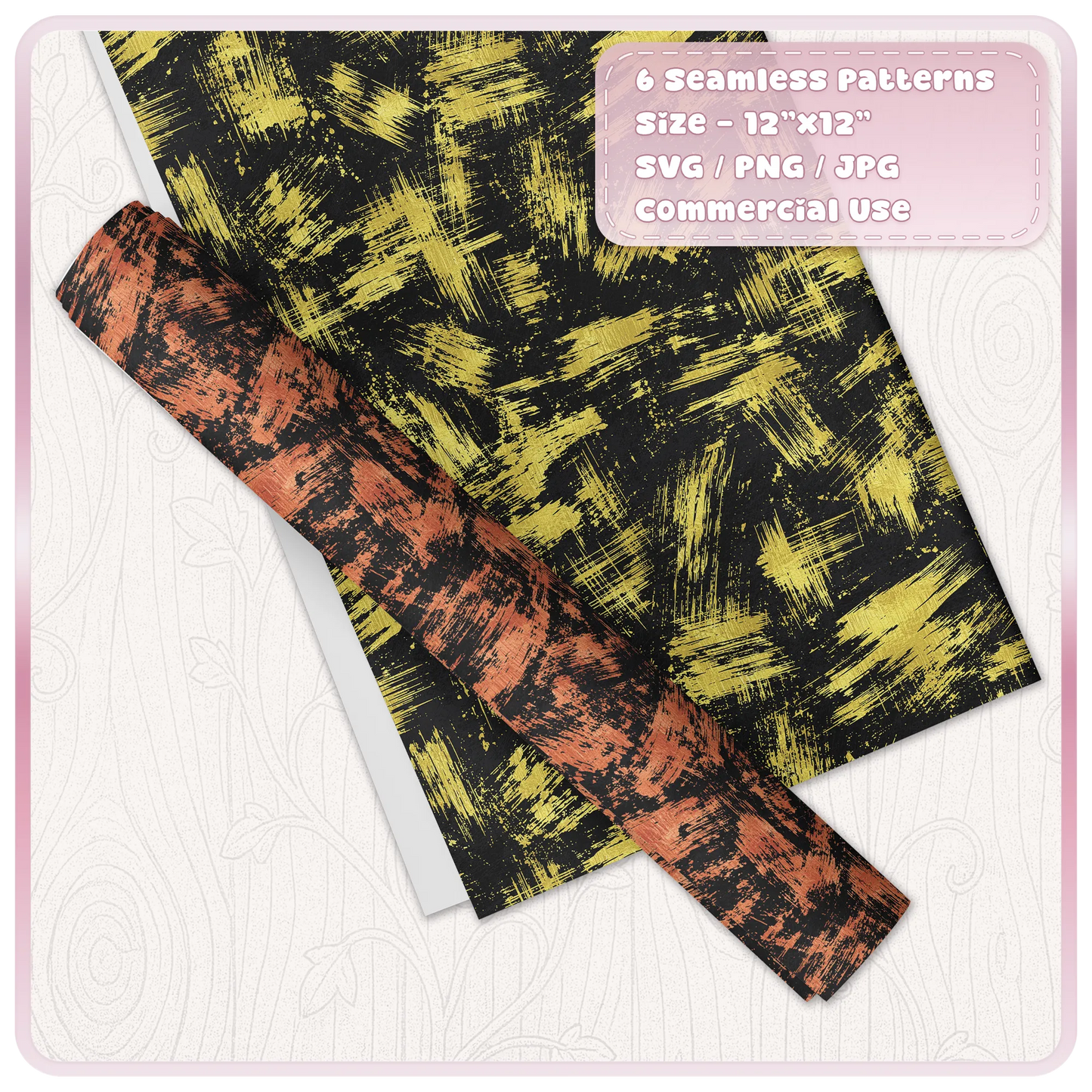 Yellow and orange grunge brush stroke seamless patterns displayed as printable paper and rolled gift wrap with distressed paint texture.
