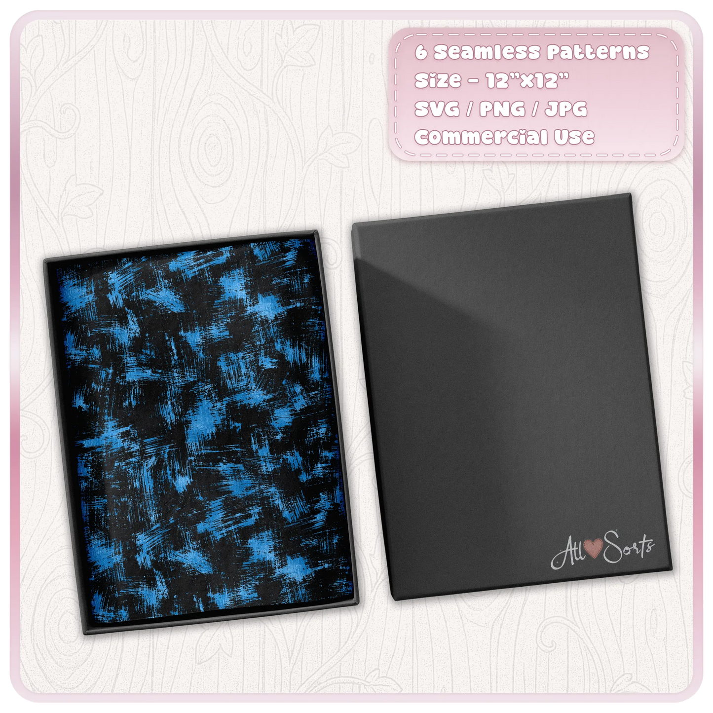 Blue and black grunge paint brush stroke seamless pattern displayed on a rectangular product mockup, suitable for digital and printed designs.