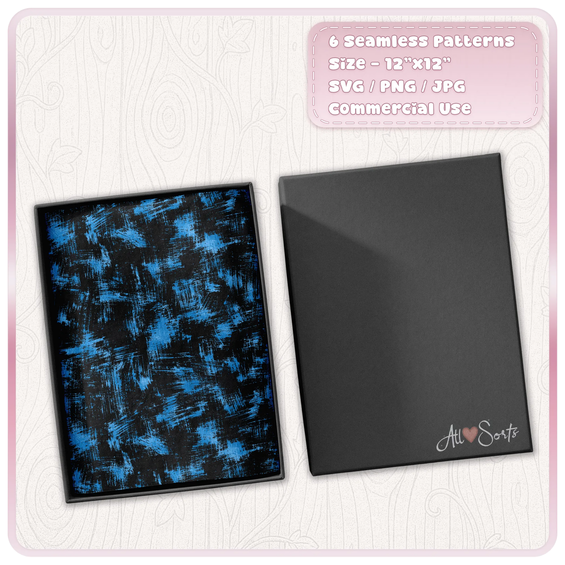 Blue and black grunge paint brush stroke seamless pattern displayed on a rectangular product mockup, suitable for digital and printed designs.