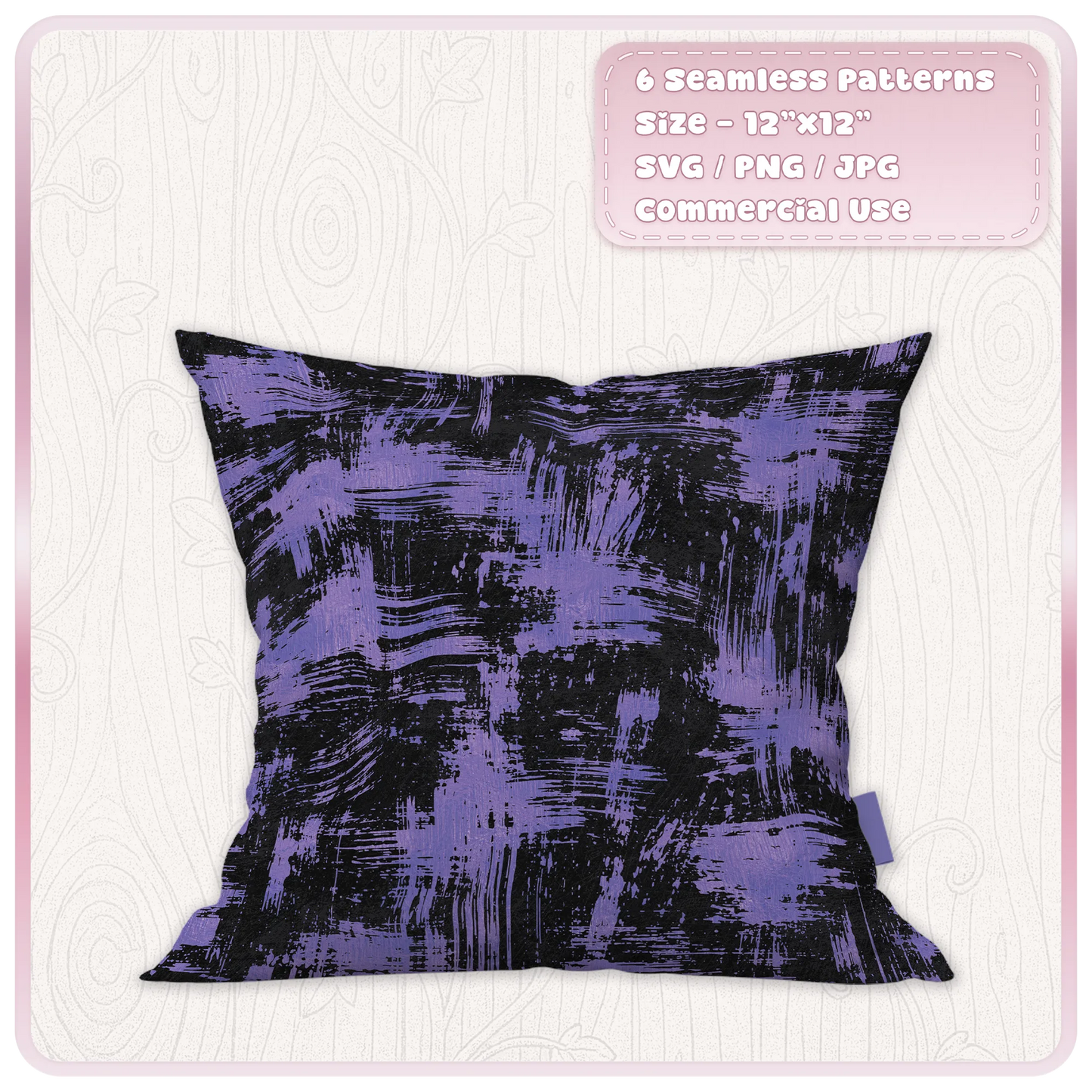 Purple and black distressed grunge brush stroke seamless pattern displayed on a decorative cushion mockup, available in SVG, PNG and JPG.