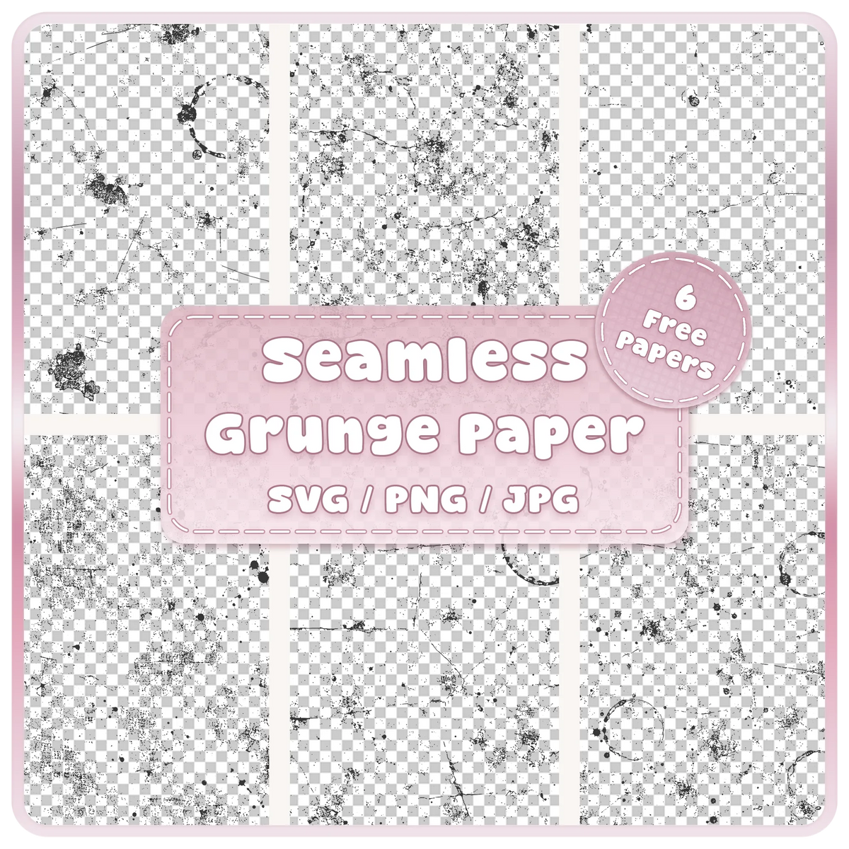 Six grunge paper texture seamless patterns in SVG PNG and JPG formats featuring distressed scratches, ink splatters, stains and vintage paper overlays.