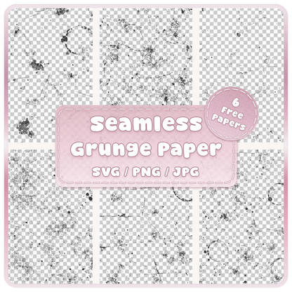 Six grunge paper texture seamless patterns in SVG PNG and JPG formats featuring distressed scratches, ink splatters, stains and vintage paper overlays.