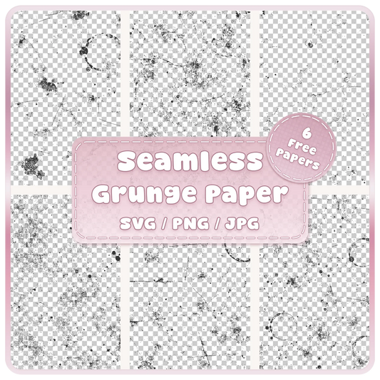 Six grunge paper texture seamless patterns in SVG PNG and JPG formats featuring distressed scratches, ink splatters, stains and vintage paper overlays.