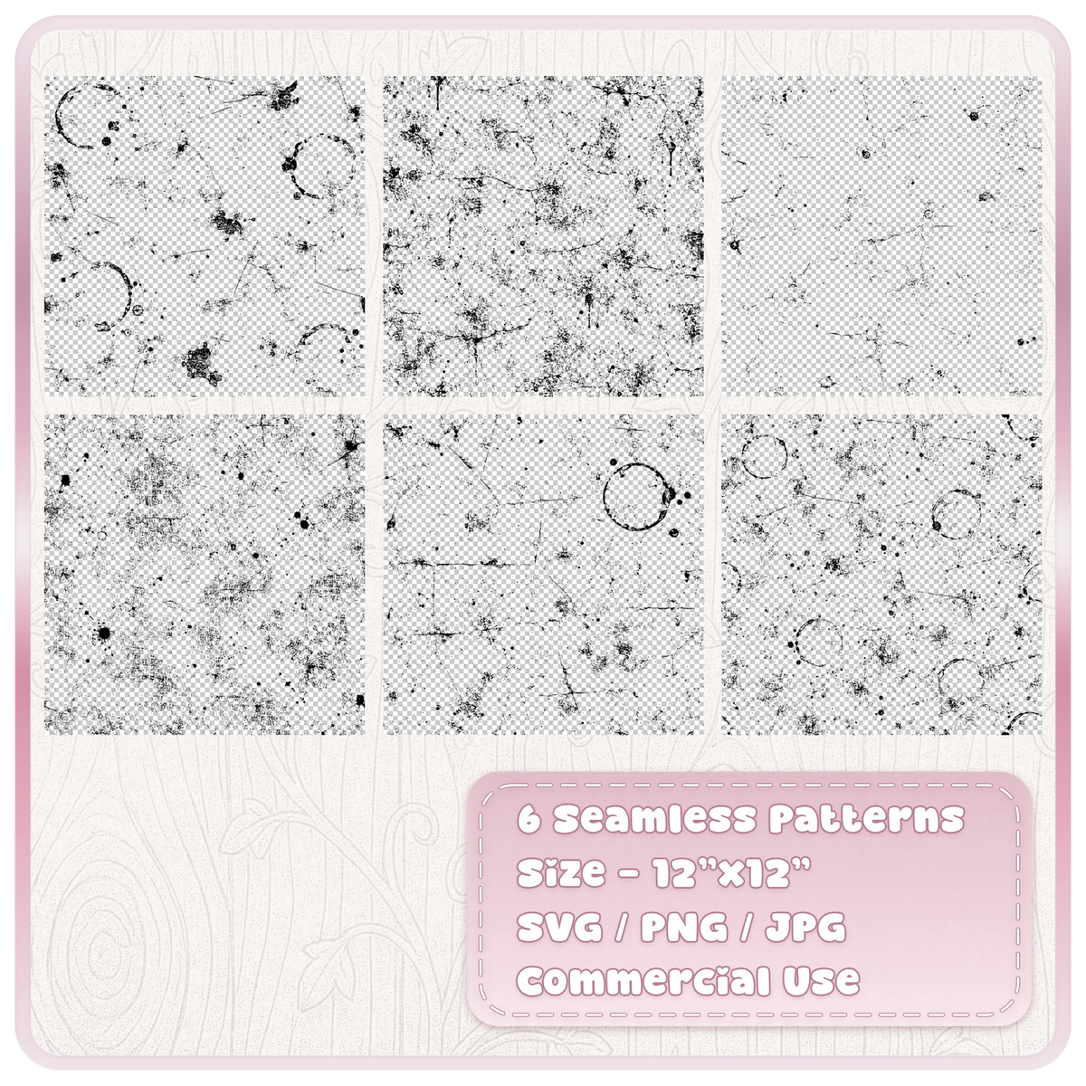 Set of six seamless grunge paper patterns with distressed scratches, coffee ring stains, ink marks, worn textures and transparent PNG backgrounds.