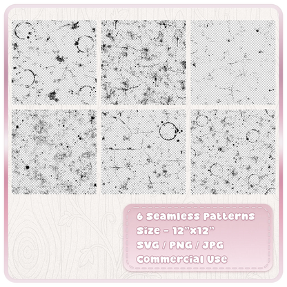 Set of six seamless grunge paper patterns with distressed scratches, coffee ring stains, ink marks, worn textures and transparent PNG backgrounds.