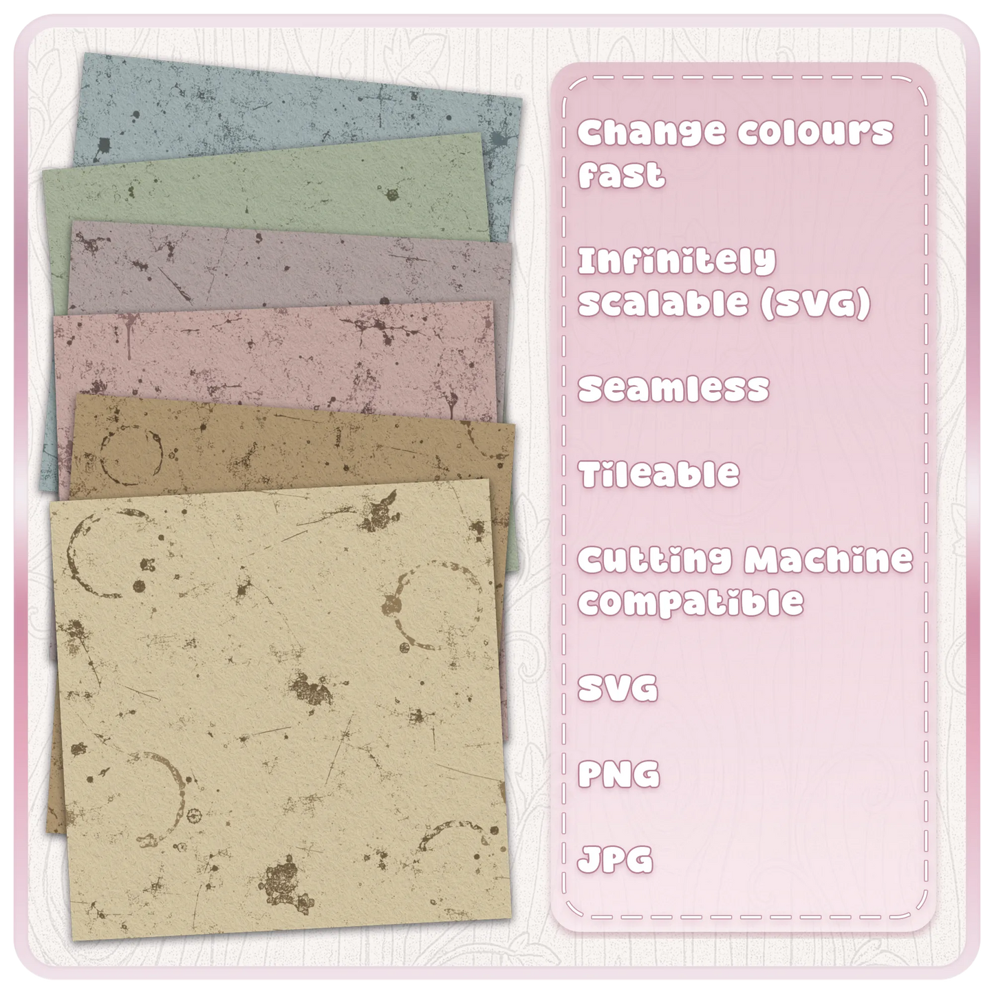 Six coloured grunge paper texture examples with distressed scratches, stains and vintage worn effects, supplied with seamless SVG PNG and JPG patterns.