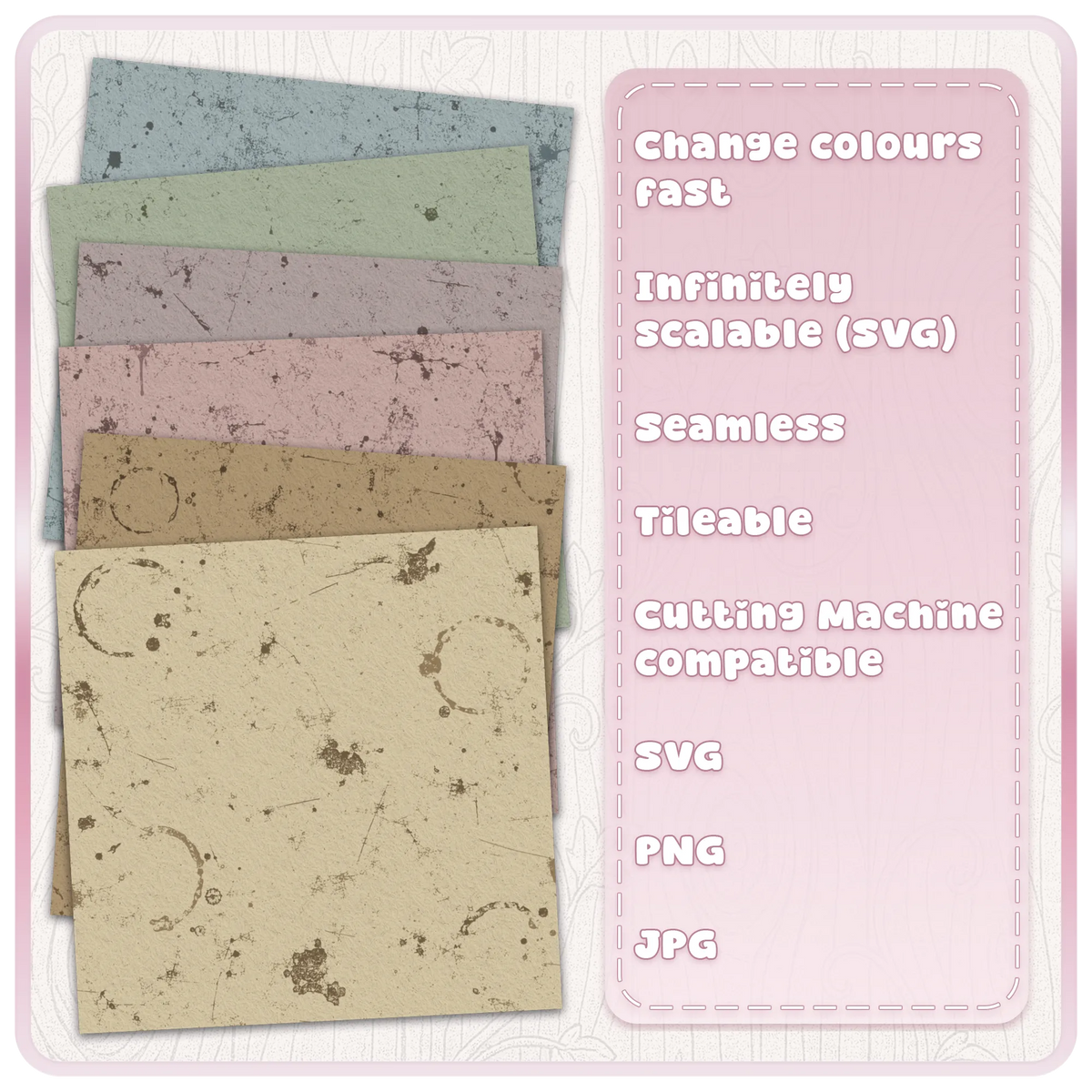 Six coloured grunge paper texture examples with distressed scratches, stains and vintage worn effects, supplied with seamless SVG PNG and JPG patterns.