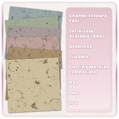 Six coloured grunge paper texture examples with distressed scratches, stains and vintage worn effects, supplied with seamless SVG PNG and JPG patterns.