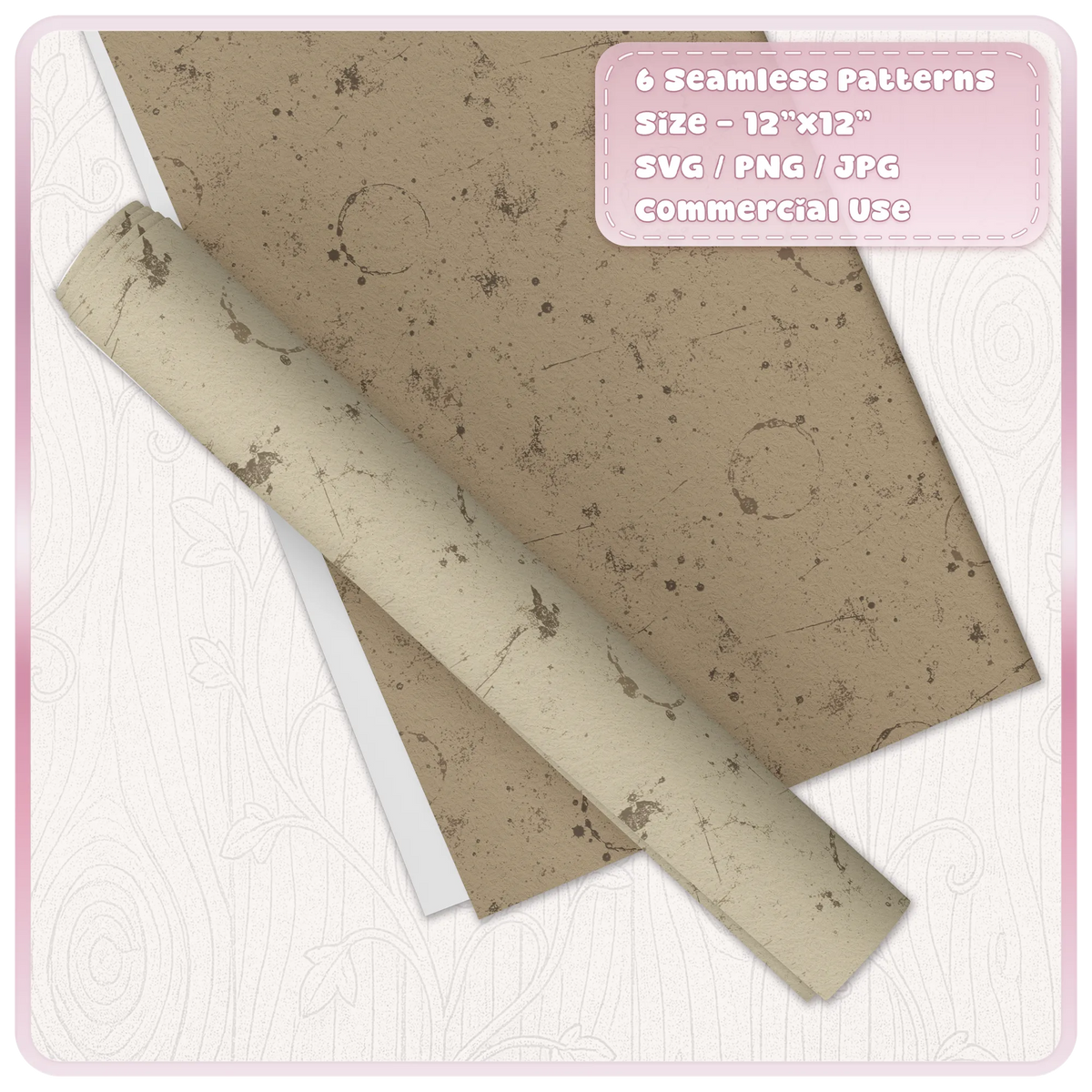 Brown and cream distressed grunge paper seamless pattern mockup featuring coffee stains, scratches, ink splatters and aged vintage paper texture.