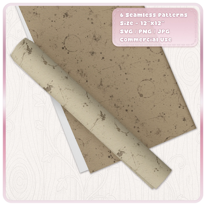 Brown and cream distressed grunge paper seamless pattern mockup featuring coffee stains, scratches, ink splatters and aged vintage paper texture.