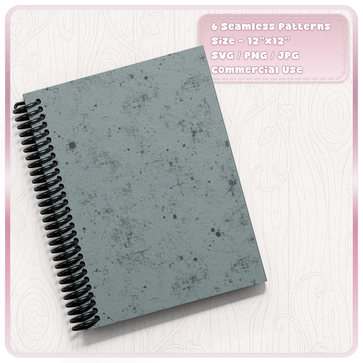 Blue grey grunge paper texture applied to a notebook cover showing distressed scratches, ink marks and worn seamless vintage paper pattern.