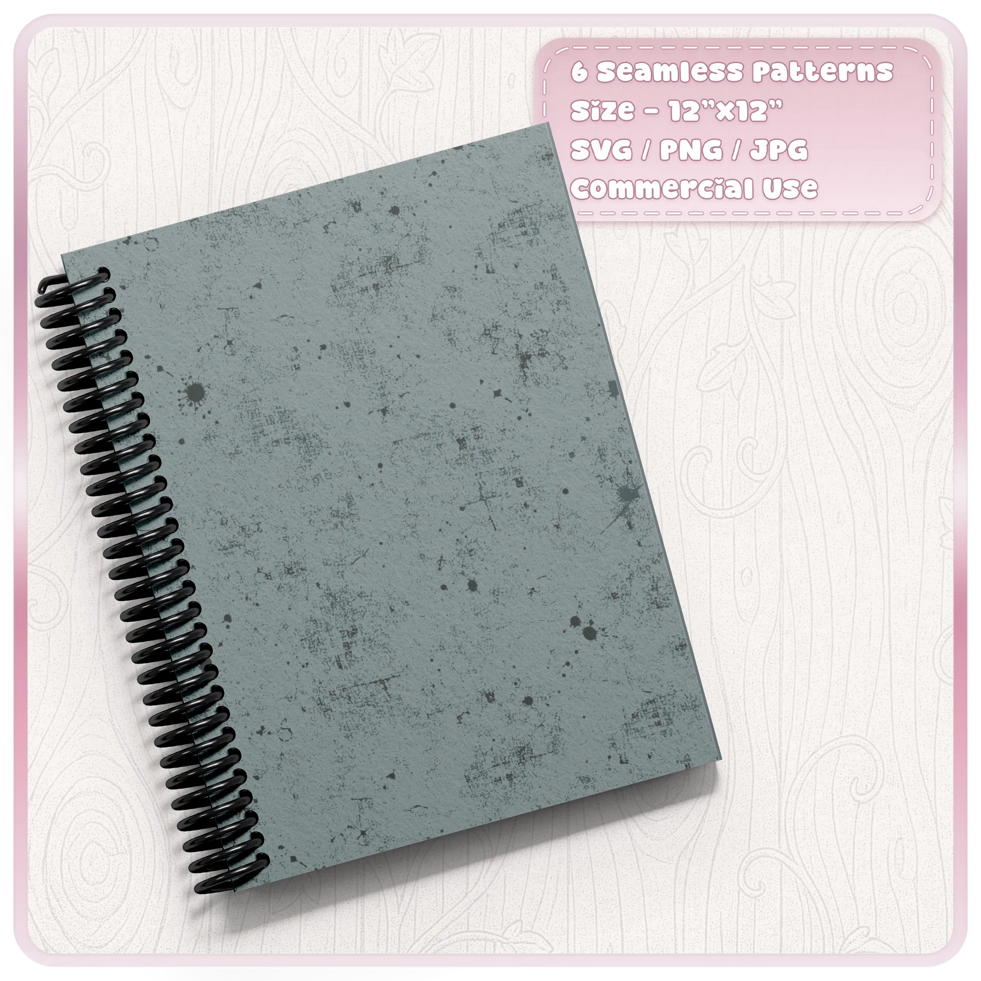 Blue grey grunge paper texture applied to a notebook cover showing distressed scratches, ink marks and worn seamless vintage paper pattern.