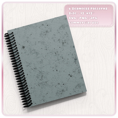 Blue grey grunge paper texture applied to a notebook cover showing distressed scratches, ink marks and worn seamless vintage paper pattern.
