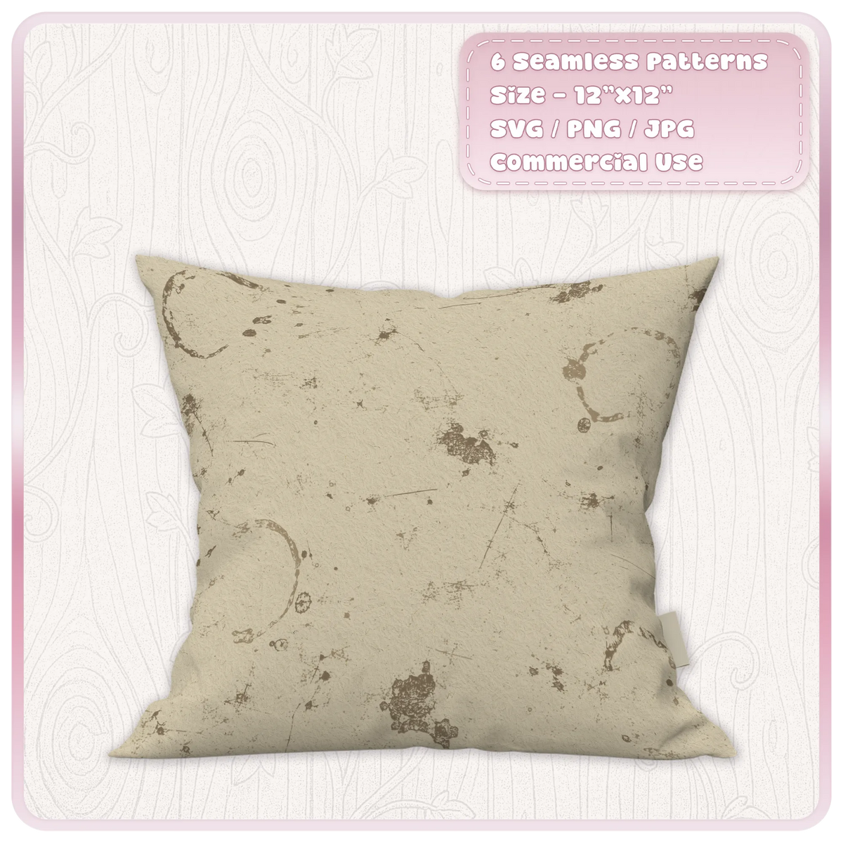 Cream grunge paper seamless pattern displayed on a cushion mockup with distressed coffee rings, scratches, stains and vintage paper texture.