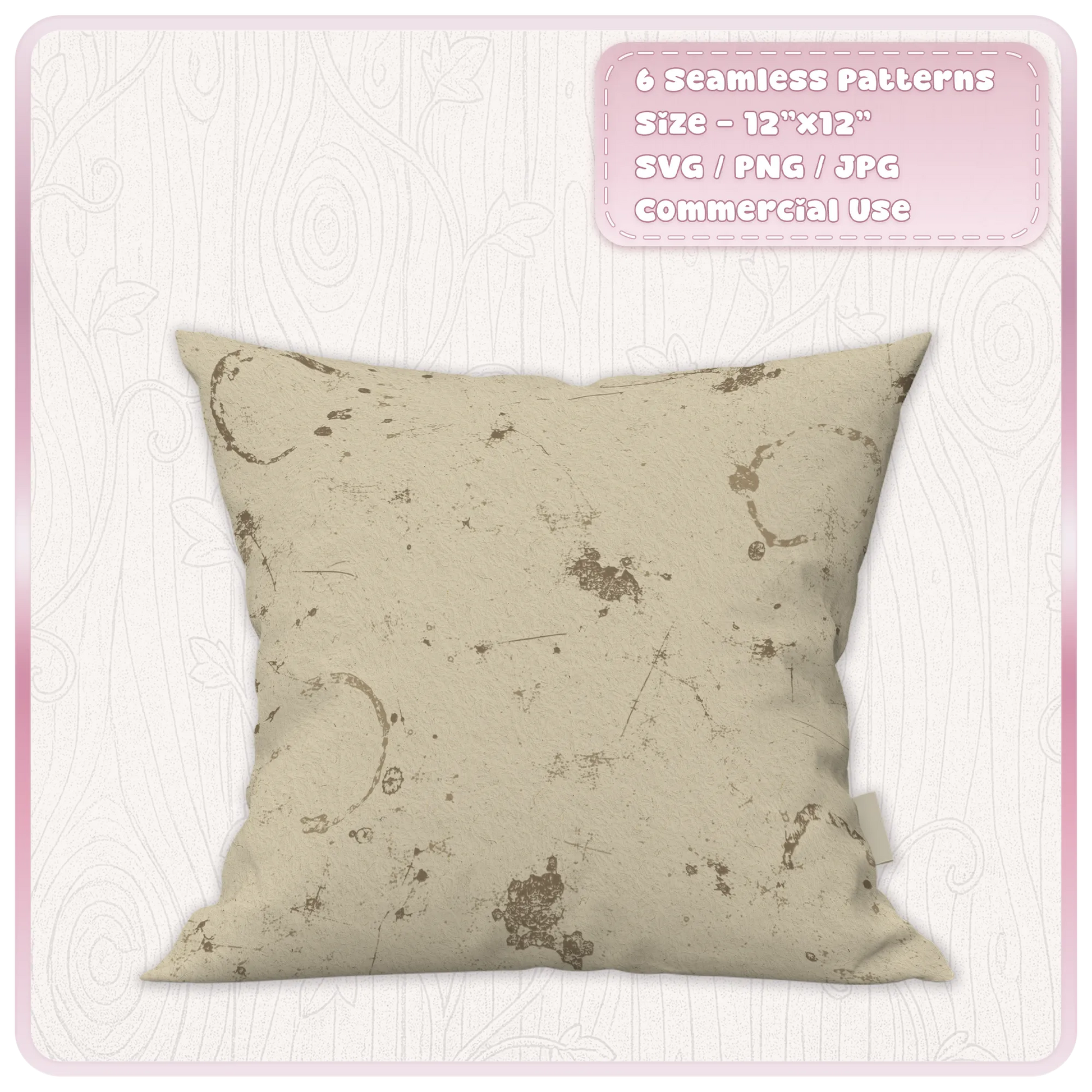 Cream grunge paper seamless pattern displayed on a cushion mockup with distressed coffee rings, scratches, stains and vintage paper texture.