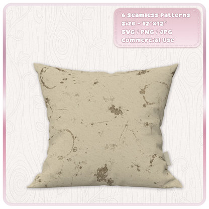 Cream grunge paper seamless pattern displayed on a cushion mockup with distressed coffee rings, scratches, stains and vintage paper texture.