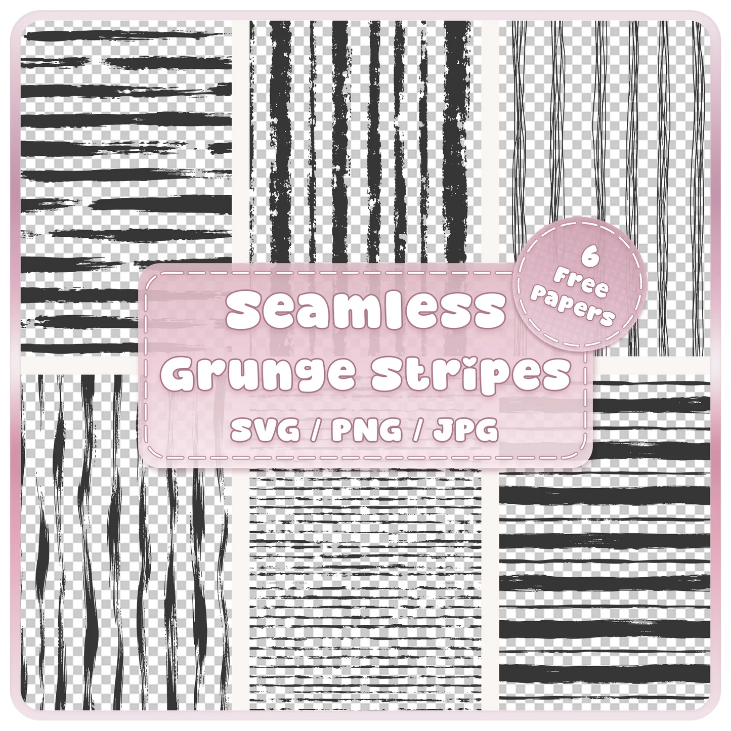 Six grunge stripes seamless pattern SVG PNG and JPG bundle featuring distressed horizontal and vertical stripe designs for digital crafts.