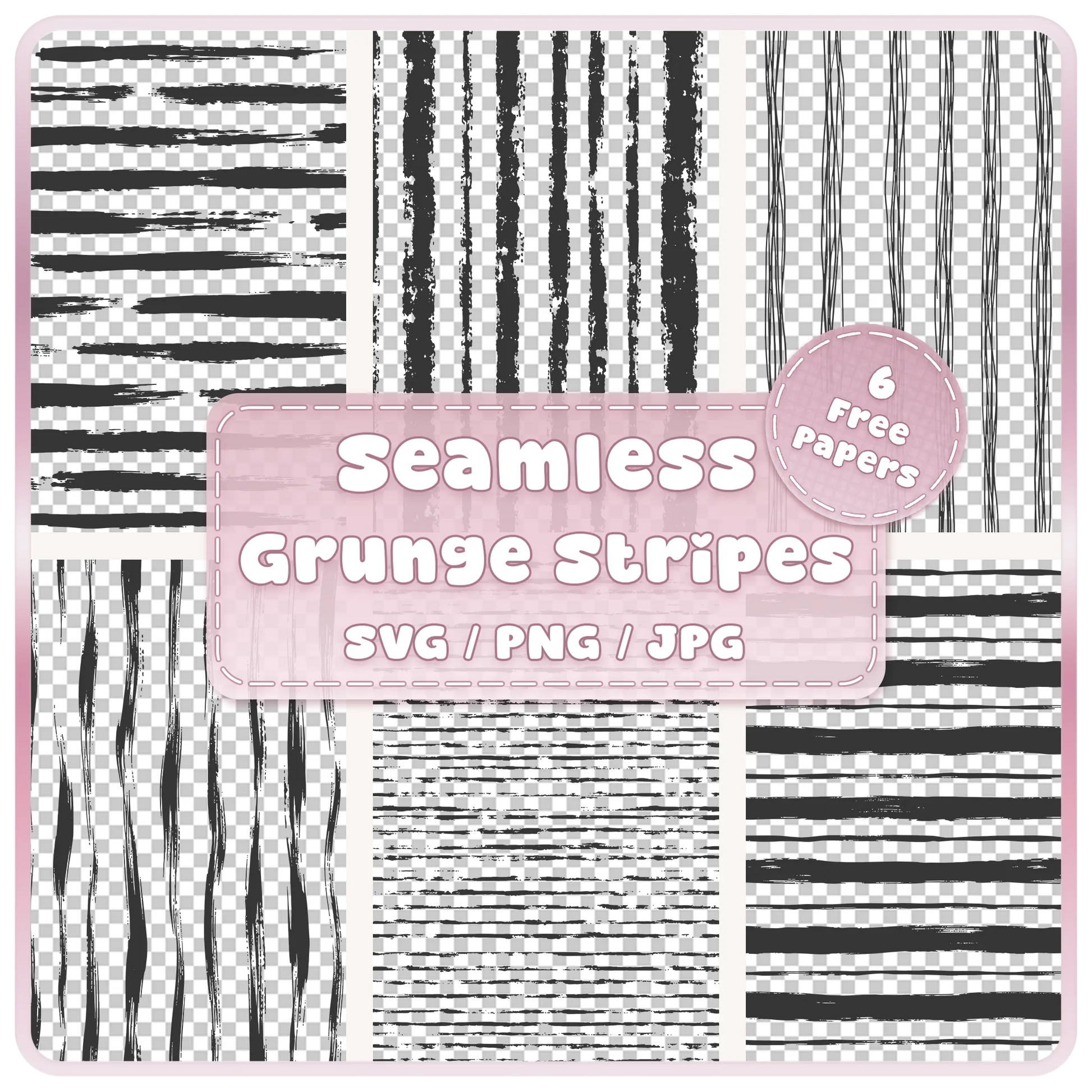 Six grunge stripes seamless pattern SVG PNG and JPG bundle featuring distressed horizontal and vertical stripe designs for digital crafts.